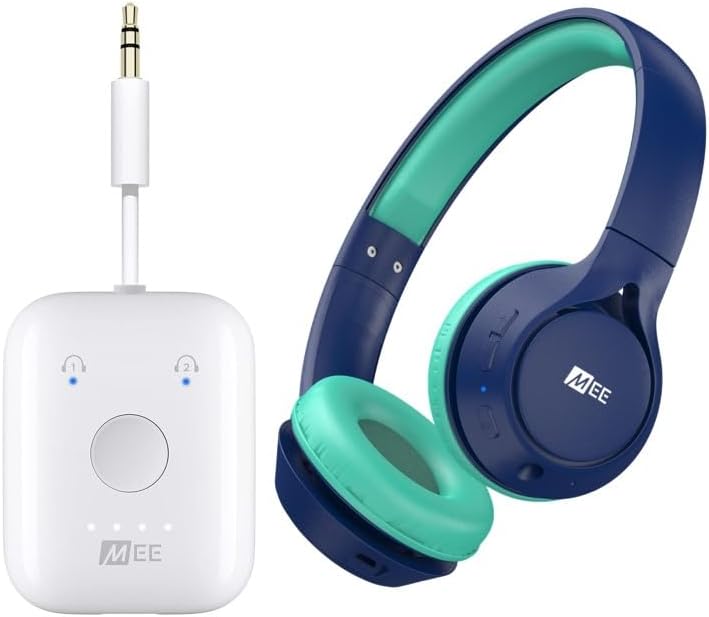 MEE audio Connect Air in-Flight Bluetooth Wireless Audio Transmitter Adapter(White) & MEE audio KidJamz KJ45BT Children's Safe Listening Bluetooth Wireless Headphones(Blue) Bundle