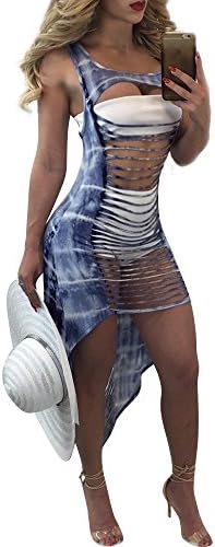 Antique Style Womens Sexy Summer Sleeveless Burn Out See Through Irregular Bandage Club Mini Dress