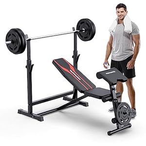 Olympic Workout Bench, Bench Press Set with Preacher Curl Pad and Leg Developer for Multi-Functional Home Gym Equipment