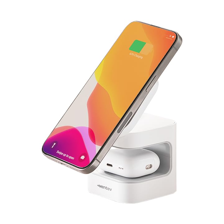 Image of Ventev - 15W Qi2 MagSafe Wireless Charger Stand, 2-in-1 Charging Station for iPhone 16 /16 Pro, 15 /14 /13, AirPods Pro | Fast Wireless Charger with Adjustable Stand, 5W Earbuds Pad, 30W Adapter - White