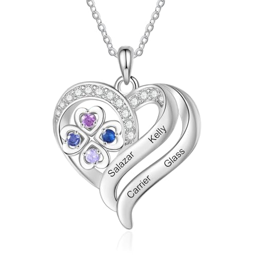 Grovjewfit Collier Cœur Personnalisé avec Pierres de Naissance Noms Gravés Plaqué Rhodium Pendentif Cadeau pour Femme Maman Elle (4 nom)