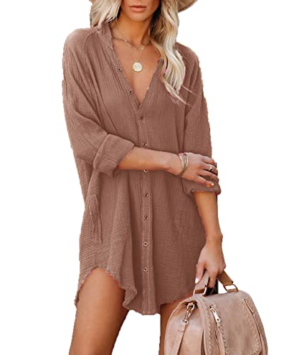 Paintcolors Women's Long Sleeve Cotton Button Down Tunic Dresses Beach Cover-Ups Oversized Blouse Tops With Pockets-Camel S #TOP7