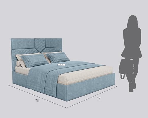 Image of Acacia Modern Upholstered King Size Bed with Box Storage for Bedroom | Wooden Double Bed with Storage | Platform Cot Bed with Upholstery Premium Fabric | 6.5 x 6 Ft | Sheesham Wood (Light Blue)