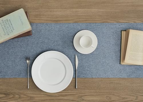 Image of ZeeMart Basic Linen Style Table Runner, 14x36 Inch Navy Blue | Mitered Corner Design, Medium Weight Fabric, Rustic Farmhouse Style, Machine Washable Easy Care Everyday Table Scarf