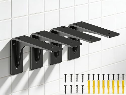 6 INCHx 4 INCH (with Brace Shelf Support Bracket Heavy Duty, L Shelf Brackets ,max Load 300lbs, , Metal Brackets for Shelves, Counter Bracket ,Corner Brace,Pack of 4.
