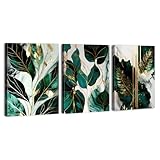 Abstract Green and Gold Marble Wall Art for Living Room Emerald Green Wall Decor Botanical Prints Watercolor Plant Leaves Canvas Painting Modern Artwork for Bedroom Office Home Decorations 12x16' 3Pcs