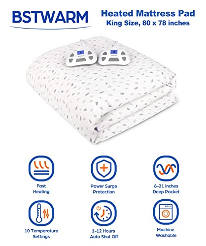 Bstwarm Heated Mattress Pad King Size, Electric Mattress Pad Dual Control, 8-21" Deep Pocket, 10 Heat Settings, 1-12 Hours Timed Off, Machine Washable - 80''X78'' #TOP1