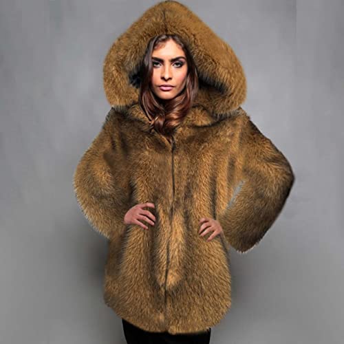 Faux Fur Overcoats For Women Thicken Warm Fuzzy Hooded Zip Up Cardigan Coat Winter Midi Parka Jacket Windproof Outwear #TOP4