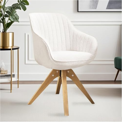 Zouron Dinning Chair 360 Swivel with Oak Woodlegs - with Soft White Cotton Fiber, Mid Century Modern Accent Vanity Hocker for Home Office/Living Room/Bedroom/Dressing Table/Dinning Room