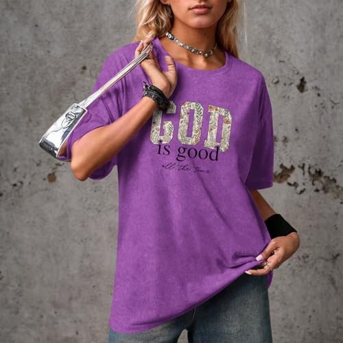 Image of Christian God is Good Shirts for Women Jesus Faith Religious T Shirts Floral Graphic Oversized Acid Washed Tee Tops