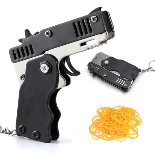 MenYiYDS 1 PCS Mini Pistola ad Elastici in Metallo Pieghevole con Portachiavi e 60+ Elastici, Pistola ad Elastici Mini Portachiavi per Giochi di tiro per Bambini attività all'aperto (Nero)