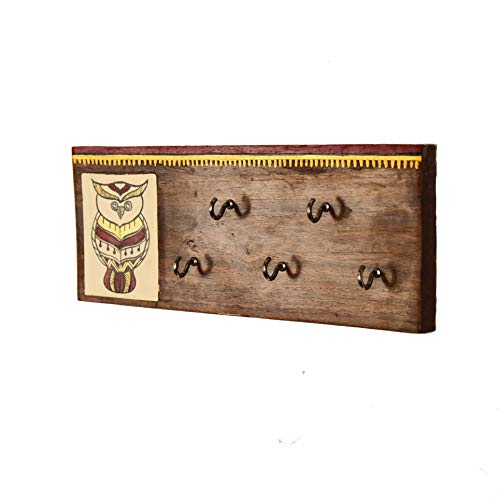 Image of Artysta 'Owl on Plank' Wooden Key Holder for Wall Stylish Decorative Keychain Holder Key Hanger for Home Decor (5 Hooks)