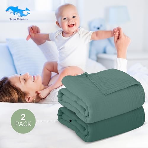Image of SWEET DOLPHIN Muslin Baby Bath Towels Blanket - 2 Pack 100% Cotton Towel for Babies, Infants, Toddlers - 40x40Inch - Highly Absorbent, Deep Emerald