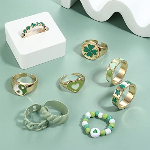 Subiceto 9 Pcs Chunky Y2K Rings For Women Colorful Resin Acrylic Rings Funky Evil Eyes Butterfly Heart Flower Yin Yang Rings,Aesthetic Statement Knuckle Rings Set Green #TOP3