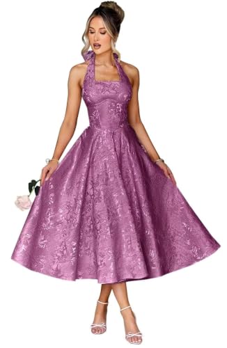 Plus Size Prom Dresses Tea Length Floral Jacquard Satin Halter Square Neck Bridal Party Gowns 2026 Corset Backless Aline Pageant Gown Size 28 Purple