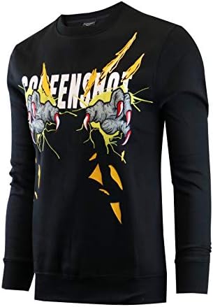 SCREENSHOT-F11070 Mens Urban Hip Hop Fleece Pullover Top - Monster Claws Embroidery Gel Print Crew Neck Streetwear Sweatshirt-Black-Small