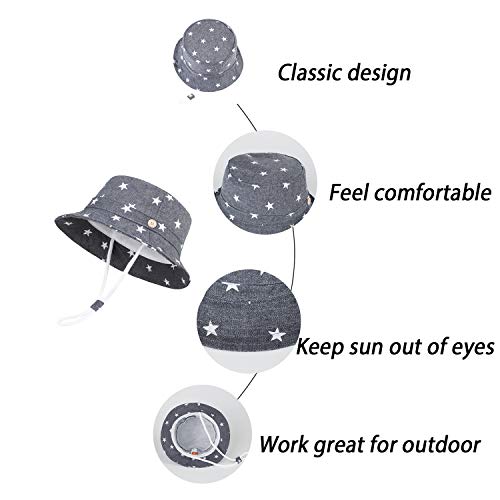Langzhen Sun Protection Hat For Kids Toddler Boys Girls Wide Brim Summer Outdoor Hat Cotton Baby Bucket Hat With Chin Strap (Double Stars, L: 2T-4T (52Cm /20.5")) #TOP3