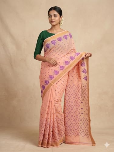 Image of eC ESHA'S COLLECTION Women's Kerala Cotton Floral Motif Printed Zari Bordered Tant Saree Without Blouse Piece