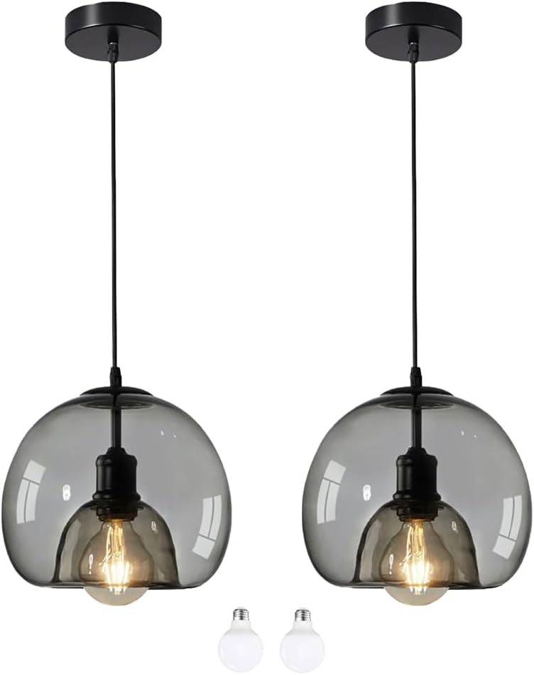 Glass Pendant Light Fixture Set of 2, Modern Double Glass Hanging Light, Farmhouse Ceiling Pendant Light for Bedroom Kitchen Island Smoky Finish