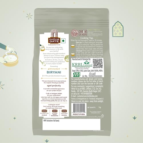 Image of India Gate Biryani Pure Basmati Rice 1Kg | Perfectly Aged | Extrta Long Grain | Best for Dum Cooking