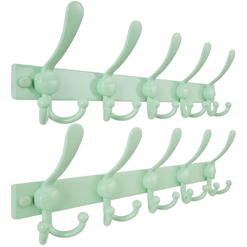 Dseap Coat Rack Wall Mount, Heavy Duty 12-Gauge Base vs Flimsy 1mm, Double-Thick Solid Anti-Snap Hooks, 16” Stud-Mount, Stainless Steel Hanger for Clothes Hat Entryway Closet, Green, Pack of 2