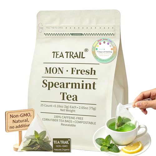 TeaTrail Pure Spearmint Tea – 25 Pyramid Tea Bags, Caffeine-Free Herbal Tea for Digestion & Bloating Relief, 100% Natural Spearmint Leaves, Corn Fiber Compostable Bags, Hot & Iced Brew