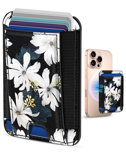 Shorogyt Compatible with Magsafe Wallet - for Magnetic Leather Card Holder Blue Flower Design for Women Girls for iPhone 17/16/15/14/13/12 Series Cute Aesthetic Card Wallet with Elastic, Fit 7 Cards