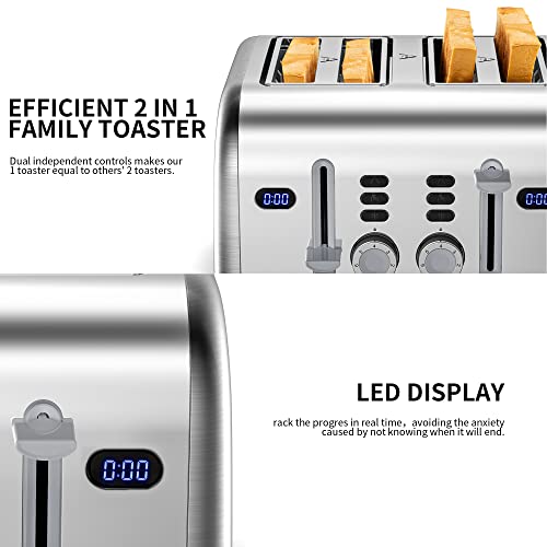 Toaster 4 Slice, Redmond Stainless Steel Retro Toaster With Led Countdown Timer And Removable Crumb Tray, Dual Control Panel, Reheat Defrost Cancel Function, High Lift Lever, Silver #TOP5