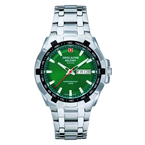 swiss alpine military Reloj analógico de cuarzo 7043.1 para hombre, acero inoxidable, Acero/Acero/Verde - 1134sam, Pulsera