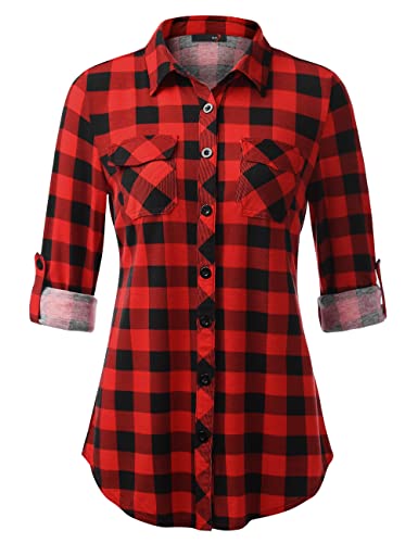 DJT Womens Soft Stretchy Knit Plaid Shirts Roll Up Long Sleeve Co...