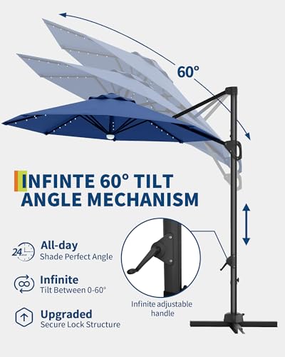10FT Cantilever Umbrella Outdoor Patio Umbrella w/Base Included Market Offset Umbrella Sun Shade Windproof with 360-Degree Rotation for Patio Garden Deck Pool, Navy Blue