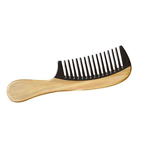 Gifts for mom Wide Tooth Wood Comb Natural Handmade Green Sandalwood Anti Static Detangling Buffalo Horns Comb for Thick, Curly and Wavy Hair