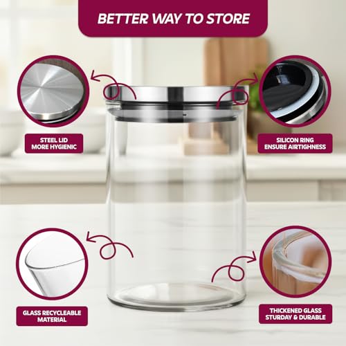 Image of amazon basics Glass Jars for Kitchen, Set of 6, 600ml Borosilicate Glass Containers with Airtight Stainless Steel Lids, Kitchen Storage Jars for Tea, Coffee, Sugar, Spices & Dry Fruits