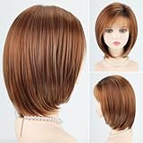 RENERSHOW Layered Mid-length Bob Wig with Bangs Straight Auburn Highlighted Synthetic Wigs for White Women 12inch Warm Orange Blend Hair with Dark Roots Average Size Natural Daily Party Wig