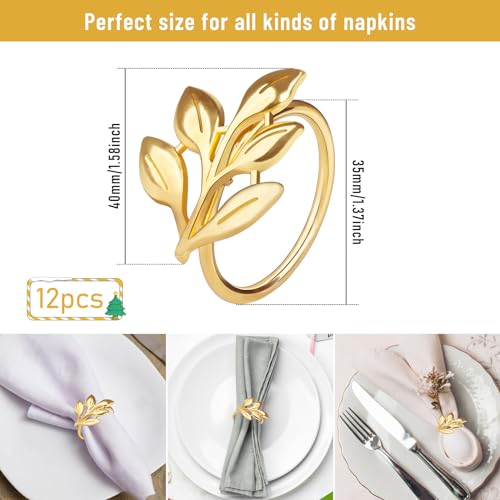 Image of Gold Napkin Rings Set of 12, Metal Leaf Napkin Ring Holders for Cloth Napkins, Fall Napkin Ring Buckles Bulk for Wedding Receptions, Christmas Thanksgiving Holiday Party Dinner Table Settings