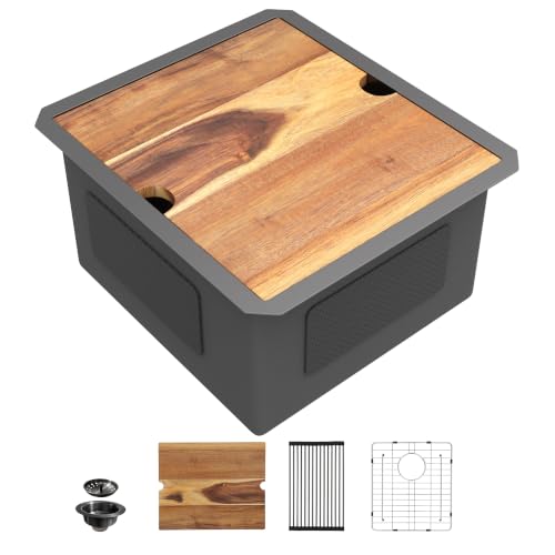 Image of 17 inchx19 inch Black Bar Prep Sink Undermount Workstation | Gunmetal Black NANO-PVD 16 Gauge T304 Stainless Steel Single Bowl Under Counter Basin for RV Kitchen Wet Bar Prep Station
