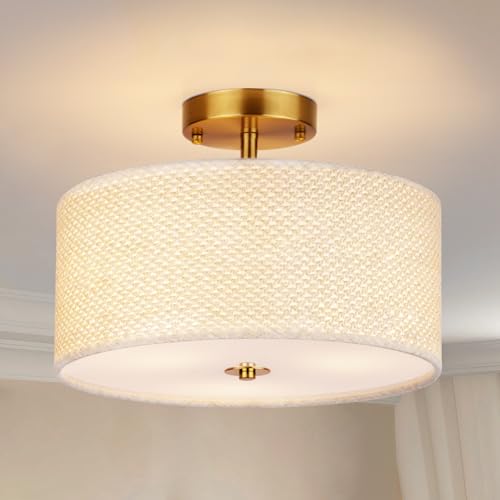 CLARSYNE 13' Boho Rattan-Style Semi Flush Mount Ceiling Light Fixture, 3-Light Modern Fabric Shade Drum Lamp, White Rustic Lighting for Bedroom, Kitchen, Dining Room, Living Room, Hallway, Entryway