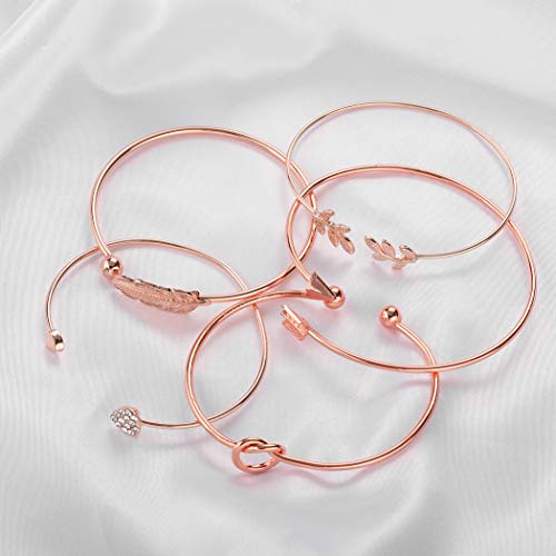 Softones 5pcs Bangle Rose Gold Bracelets for Women Heart|Olive Leaf|Arrow|Feather|Knot Heart Open Cuff Bracelet Set Adjustable4