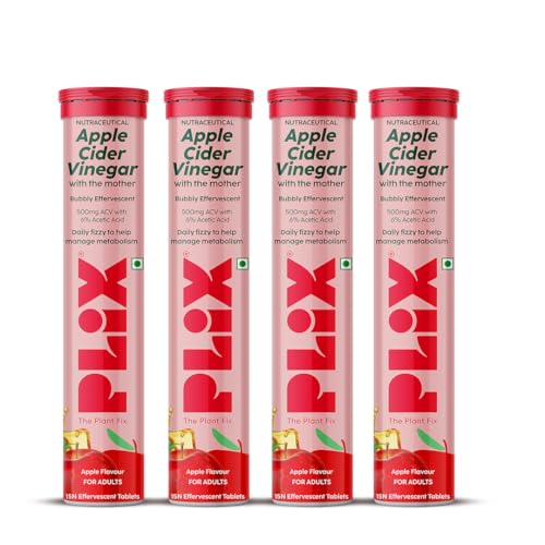 PLIX - THE PLANT FIX Apple Cider Vinegar 15 Effervescent Tablet, ACV with mother for weight loss and easy digestion, vitamin B6 & B12, Pack of 4 (Apple), 100% vegan, Easy to carry & consume (Image - 1)
