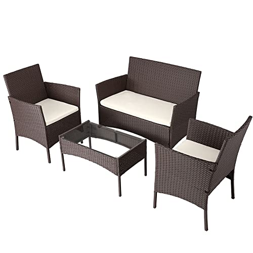 BAKAJI Set Salotto Completo di Divano 2 Poltrone e Tavolino in Vetro e Rattan Struttura in Acciaio Zincato con Cuscini Sfoderabili Arredo Giardino Terrazzo Design Moderno Colore Marrone