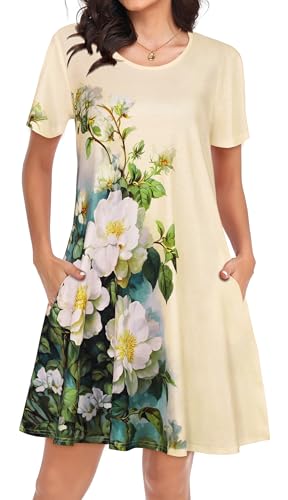 Image of Womens Summer Dresses Beach Casual Loose Tshirt Floral Short Sleeve Flowy Pockets Sundresses 2026