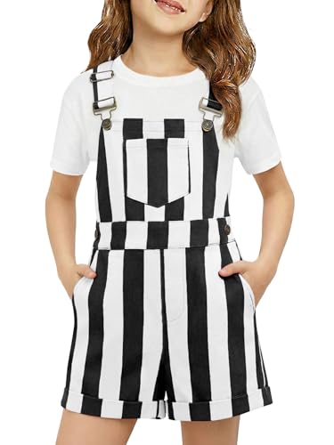 Haloumoning Girls Striped Overalls Kids Fashion Adjustable Straps Colorblock Overall Shorts Rompers with Pockets 5-14Y
