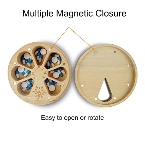Image of Wood Weekly Pill Organizer for Medicine Vitamin,Arthritis Friendly 7-Day Pill Box Medium Compartments Holder,Daily Portable Travel Pill Case