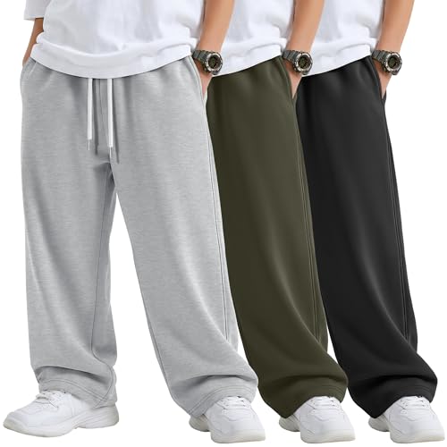 YooAurvox 3 Pack Boys Straight Leg Sweatpant Kids Open Bottom Drawstring Athletic Jogger Baggy Elastic Waist Pant with Pocket