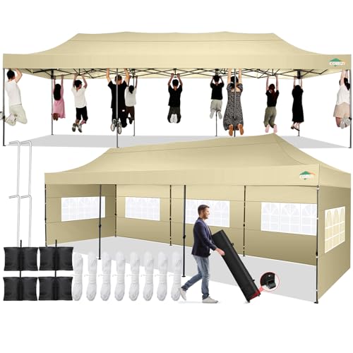 Image of COBIZI 10x30 Pop Up Canopy Tent with 8 Sidewalls,Heavy Duty Canopy,Khaki