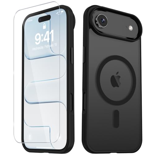 Image of YENAPOON for iPhone Air Case, Matte Magnetic Phone Cover [with 1 Screen Protector] [Support for MagSafe] [Shockproof Military Grade Protection] Translucent Frosted Back, Black