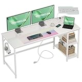 YOUTHCLUB Computer Desk, 60 inches Desk with 2 Shelves, Home Office Desk with USB/Type-C Charging Ports & Power Outlets, Study Table for Adults, White
