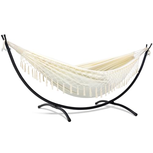 Image of SUNCREAT Portable Outdoor Hammock with Stand Included, Double Hammock with Tassel for Outside, Beige