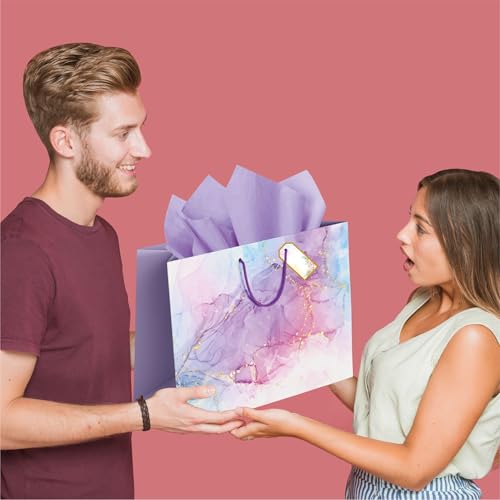Image of Apex Graphics Large Gift Bags - Purple Paper Bags for Gifting with Tissue and Tag - Carry Bags for Return Gift Birthday Wedding Party - 14 x 10.5 x 4 Inch - Pack of 5