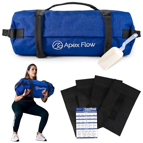 APEX FLOW Sandbags for Working Out – 1000D Nylon Weighted Training Bag with 4 Inner Sandbags, 8 Handles – Adjustable 40lb Sand Bag for Weight Training, Fitness, and Travel (Blue)